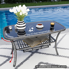 4 Pieces Outdoor Patio Furniture Set,PE Rattan Wicker Garden Conversation Chairs with Tempered Glass Table and Soft Cushions for Backyard Pool or Lawn