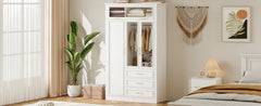3 Door Wardrobe Armoire Closet with LED and 3 Drawers, White