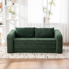 71" 2-in-1 Pull Out Foldable Loveseat Sofa Bed with Armrest & Backrest Pillows, Convertible Chenille Boneless Cloud Floor Mattress Sleeper Lounge Couch for Living Room Bedroom Guestroom Dorm, Green