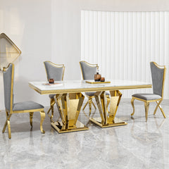 MDF Marble Top Dining Table for 6 white Gold 66.9" Polished Stainless Steel with Diamond-Shaped Base, Modern Large Long Dining Room Table