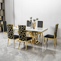 MDF Marble Top Dining Table for 6 white Gold 66.9" Polished Stainless Steel with Diamond-Shaped Base, Modern Large Long Dining Room Table