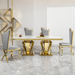 MDF Marble Top Dining Table for 6 white Gold 66.9" Polished Stainless Steel with Diamond-Shaped Base, Modern Large Long Dining Room Table