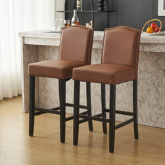 Barstools Set of 2, Upholstered Bar Stools for Kitchen Island, Brown Rubberwood Legs PU Faux Leather Seating 300LBS Weight Capacity