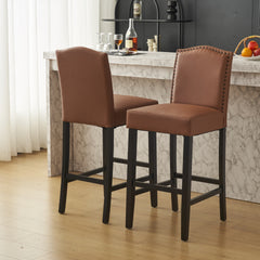 Barstools Set of 2, Upholstered Bar Stools for Kitchen Island, Brown Rubberwood Legs PU Faux Leather Seating 300LBS Weight Capacity