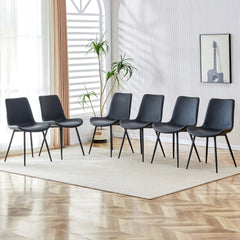Black artificial leather backrest cushion dining chair, black metal legs, curved widened cushion design for more comfort, suitable for restaurants, kitchens, bedrooms, offices.(6 chairs) 0502