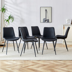 Black artificial leather backrest cushion dining chair, black metal legs, curved widened cushion design for more comfort, suitable for restaurants, kitchens, bedrooms, offices.(6 chairs) 0502