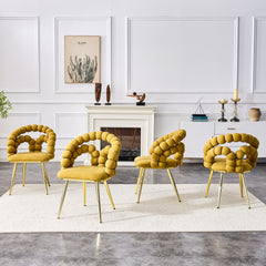 Set of 4 Yellow Puffy Bubble Chair Ball Chain Chair Velvet Dining Chairs with Gold Legs, Modern Upholstered Accent Chairs for Dining Room & Kitchen