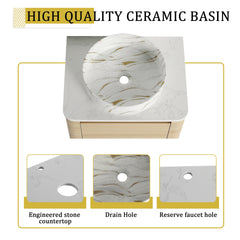 24'' Wall-Mounted Bathroom Vanity With Ceramic Art Sink & 1-Soft-Close Door, KD-Packing, Plywood