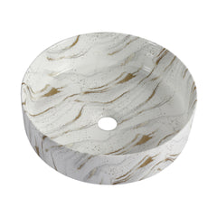 Ceramic Round Above Counter Bathroom Sink Art Basin, White Background With Golden Lines (BAA0014012PP)