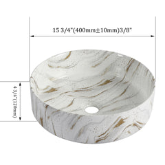 Ceramic Round Above Counter Bathroom Sink Art Basin, White Background With Golden Lines (BAA0014012PP)