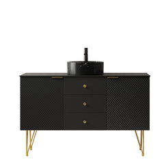 GEMA 48" Bathroom Vanity&Sink, Freestanding Plywood Storage Cabinet with Gold Legs, 3 Drawers and 2 Doors, Black Stone Pattern Bowl Ceramic Vessel Basin&Black Sintered Stone Top, Pre-assembled, Black