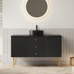 GEMA 48" Bathroom Vanity&Sink, Freestanding Plywood Storage Cabinet with Gold Legs, 3 Drawers and 2 Doors, Black Stone Pattern Bowl Ceramic Vessel Basin&Black Sintered Stone Top, Pre-assembled, Black
