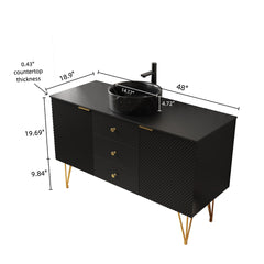 GEMA 48" Bathroom Vanity&Sink, Freestanding Plywood Storage Cabinet with Gold Legs, 3 Drawers and 2 Doors, Black Stone Pattern Bowl Ceramic Vessel Basin&Black Sintered Stone Top, Pre-assembled, Black