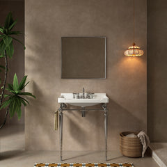 VICI 28" Bathroom Console Sink, Wall-Mounted White Ceramic Vanity Basin with 3 Pre-drilled Faucet Holes, Freestanding Stainless Steel Support Legs with Towel Bar, No Faucet & Sink Cover, Chrome Color