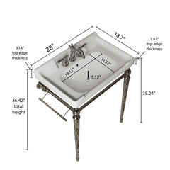 VICI 28" Bathroom Console Sink, Wall-Mounted White Ceramic Vanity Basin with 3 Pre-drilled Faucet Holes, Freestanding Stainless Steel Support Legs with Towel Bar, No Faucet & Sink Cover, Chrome Color