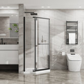 Goodyo Neo-Angle Frameless Shower Door 36 in. D x 36 in. W x 72 in. H Corner Shower Enclosure with White Acrylic Shower Base Combo, Pivot Shower Door in Matte Black Finish