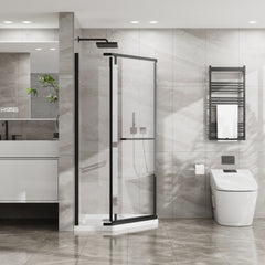 Goodyo Neo-Angle Frameless Shower Door 36 in. D x 36 in. W x 72 in. H Corner Shower Enclosure with White Acrylic Shower Base Combo, Pivot Shower Door in Matte Black Finish