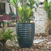 Handmade Deep Green Ceramic Planter, 17 Inch Diameter, 1 Piece, Horizontal Ripples Pattern, for Monstera and Fiddle Leaf Fig, Indoor & Outdoor Doorway Use, Breathable Clay