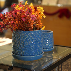 Handmade Ceramic Planter Set of 2, 6" & 8" Diameter, Deep Blue with Leaf Pattern, for Succulents & Herbs Indoor/Outdoor Shelf & Table Use, Breathable Clay with Saucers