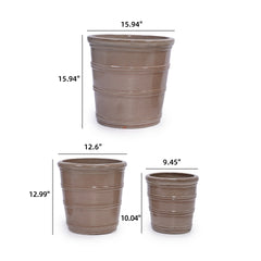 Handmade Ceramic Planter Set of 3, 16"/13"/10" Diameter, Taupe with Horizontal Rings, for Succulents & Herbs, Indoor/Outdoor Use on Windowsill & Shelf, Breathable Clay