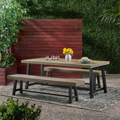 Outdoor Acacia Wood 3 Piece Picnic Dining Set, Gray and Rustic Metal