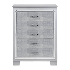 Glamourous Silver Finish 1pc Chest of 5x Dovetail Drawers Faux Alligator Embossed Fronts Bedroom Furniture