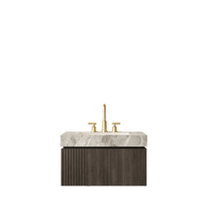 MURI 30" Bathroom Vanity&Sink, Floating Plywood Storage Cabinet with Drawer&Door, Light Gray Sintered Stone Top&Ceramic Basin with 3 Pre-drilled Faucet Holes, Pre-assembled, Espresso Woodgrain Color