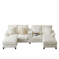 120" Modular Corduroy Sectional Sofa Bed with Storage – Modern U-Shaped Design, 4-Seater, Perfect for Living Room, Apartment, or Lounge, Featuring Cup Holders for Added Convenience (Beige)"