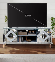 47 Inch Mirror TV Media Console with Diamond Glass Doors, Dual Door Design and Open Storage Space, Compatible with 50-Inch TVs&Modern Decor for Living Room & Bedroom