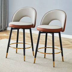 360 ° rotatable bar chair.Modern Brown and Light Gray Spliced Color PU comfortable upholstered bar chair with smooth and beautiful black metal legs for dining room, kitchen, terrace.Set Of 2.