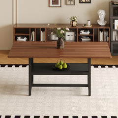 A 71 * 35.4 inch dining table with a tabletop cleverly pieced together by four walnut textured MDF boards. The desktop has a 43.3 * 19.7 storage platform. Very suitable for family gatherings,etc.