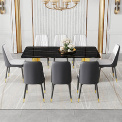 Table and chair set.The table has a glass top with imitation marble pattern stickers and stainless steel golden legs. Paried with 8 White and Dark Gray Spliced Color PU Dining Chairs.W1151S01559