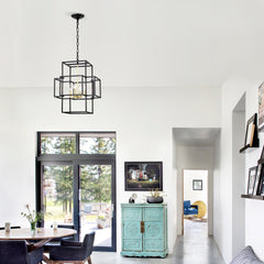 4-Light Metal Lantern Tiered Pendant Hanging Light Fixtures, Industrial Farmhouse Adjustable Height Chandeliers for Dining Room Hallway Foyer Entryway--Matte Black & Gold (E12 Bulbs Not Included)