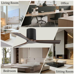 42-Inch Flush Mount Ceiling Fan Without Light, Solid Wood Blades, Reversible Quiet DC Motor, Remote Control with 6 Speeds & Timer, Energy Saving for Bedroom, Living Room, No Sloped Ceiling