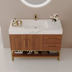 36" Modern Bathroom Vanity with Seamless Ceramic Sink & Gold Accent Free Standing Cabinet