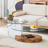Contemporary Artistic Double Layer Coffee Table - White Marble and Wood Grain Collision, Multiple Colors Available.Density Board Sticker,Reinforced Glass,