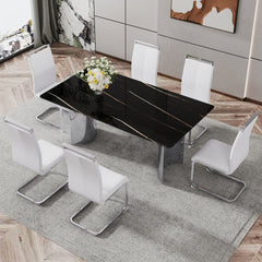 Table and chair set.The table has a glass top with imitation marble pattern stickers and stainless steel silver legs.Paired with 6 White PU Chairs with Silver C-tube Metal Leg.