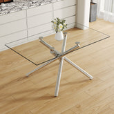 Large Modern Minimalist Rectangular Glass Dining Table with 0.39" Tempered Glass Tabletop and Silver Chrome Metal Legs, for Kitchen Dining Living Meeting Room Banquet hall,63''x35''x 29''W1151S00191