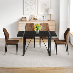 Black Faux Wood Grain MDF Dining Table Set.A minimalist retro rectangular dining table with a black textured top.Paired with 4 Brown - and - Black Dining Chairs with Shell - pattern.
