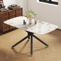 63"x35.4" Luxurious White Marble-Patterned Tempered Glass Dining Table.Single Fork Black Metal Table Legs.Tempered Glass Table Top,Black Metal Leg.Make it Adaptable To Various Styles.W1151S03299