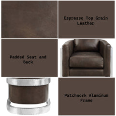 Betla Espresso Top Grain Leather & Aluminum Accent Chair