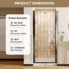 34-34.8" W x 72" H Matte Black Frameless Pivot Shower Door, 1/4" (6mm) Clear SGCC Tempered Glass, Explosion-proof Film