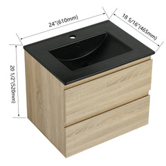 24" Wall-Mounted Bathroom Vanity With Black Ceramic Sink, 2-Soft Close Drawers, KD-Package