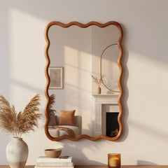 Yellowish Brown 24"x36" Wavy Rectangle Solid Wood Frame Decorative Mirror,For Bedroom, Bathroom, Living Room, Entryway