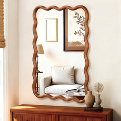 Yellowish Brown 24"x36" Wavy Rectangle Solid Wood Frame Decorative Mirror,For Bedroom, Bathroom, Living Room, Entryway
