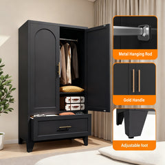60 inch Tall Metal Wardrobe Cabinet with 1 Drawer and Hanging Rod, 2 Doors Wardrobe Closet with Shelf for Bedroom, Office, Laundry Room,Entryway ,Foyer,Guesthouse (Black)