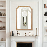 Natural Wood Color 24" x 36" Solid Wood Frame Rounded Corner Decorative Mirror, For Bedroom, Bathroom, Living Room, Entryway