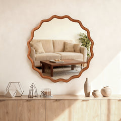 Yellowish Brown 30 inch Wavy Round Solid Wood Frame Decorative Mirror,For Bedroom, Bathroom, Living Room, Entryway