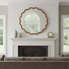Yellowish Brown 30 inch Wavy Round Solid Wood Frame Decorative Mirror,For Bedroom, Bathroom, Living Room, Entryway
