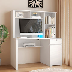 Computer Desk with Hutch & Bookshelf,Wood Executive Desk Teens Student Desk Writing Laptop Home Office Desk with Drawers,3 AC Outlets and 2 USB Charging Ports,Study Laptop Table for Home(White)
